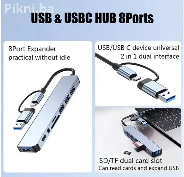 USB-C Hub 8-u-1 priključna stanica | USB 3.0 / SD/TF / 3.5mm audio
